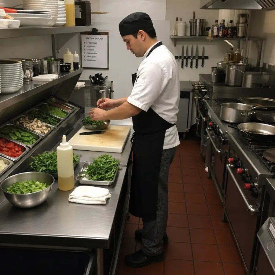 Chef utilizing an ergonomic kitchen workstation layout with ingredients and tools within easy reach