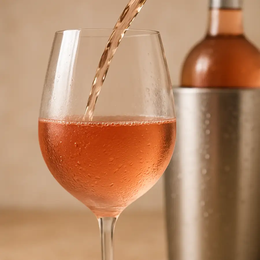 A close-up of a perfectly chilled glass of wine being poured, with the wine cooler softly blurred in the background.