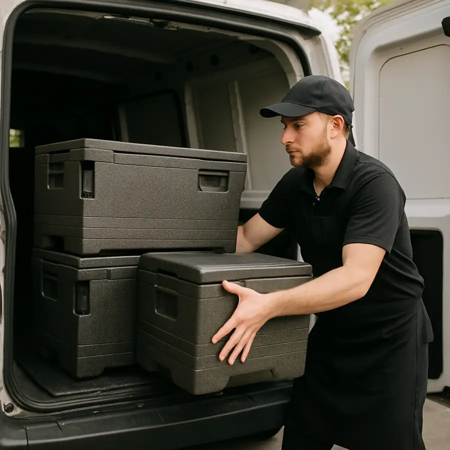 A caterer loading heavy-duty insulated food carriers into the back of a delivery van