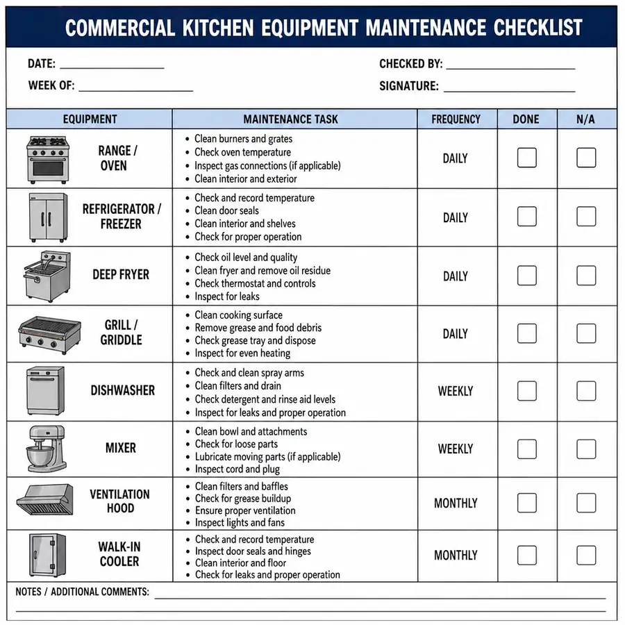Checklist for commercial kitchen equipment maintenance