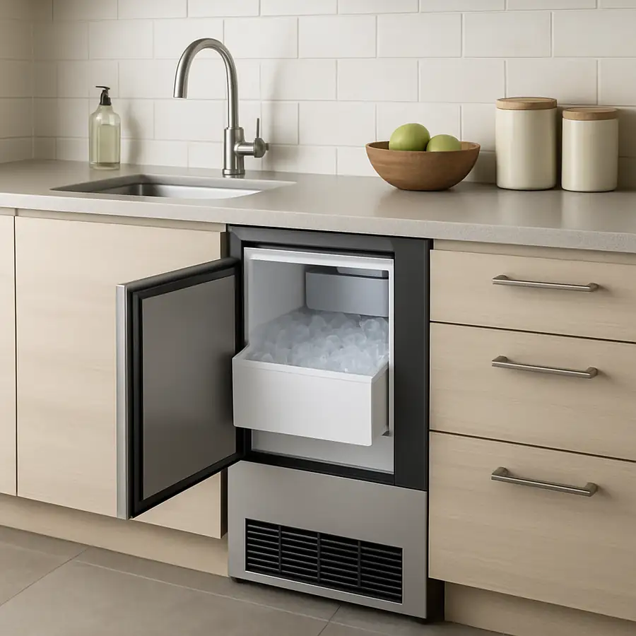 A modern kitchen featuring a sleek undercounter ice machine integrated into the cabinetry