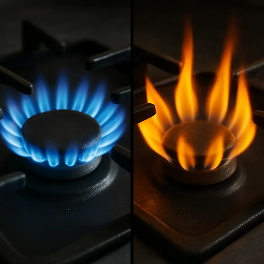 A clean blue flame on a commercial burner vs. an orange, flickering 'dirty' flame.