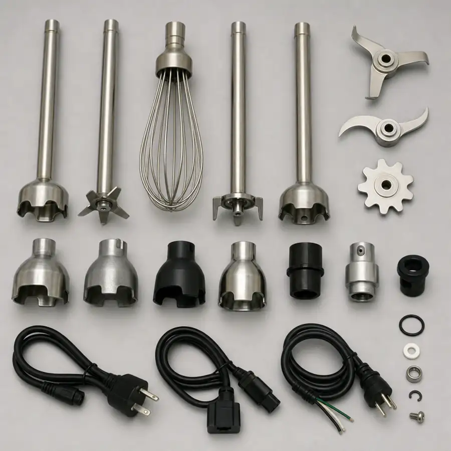 A layout of various commercial mixer replacement parts, including blades, bells, and power cords