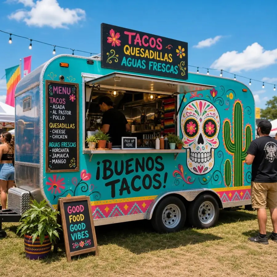A vibrant, custom-designed food trailer parked at a sunny outdoor festival