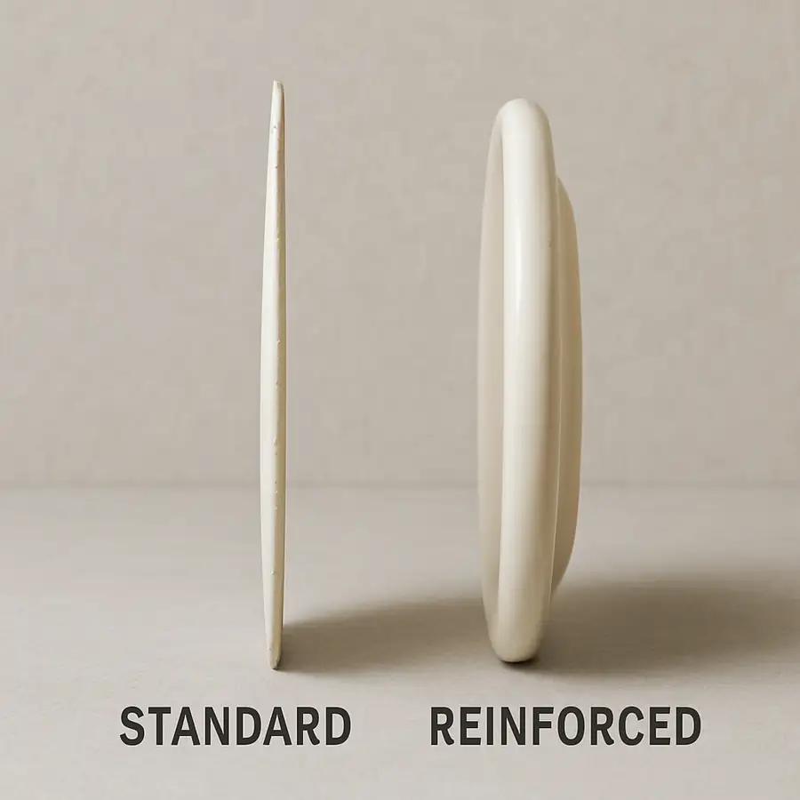 A close-up side-by-side photo of a standard thin residential plate edge next to a reinforced, rolled-edge commercial plate.
