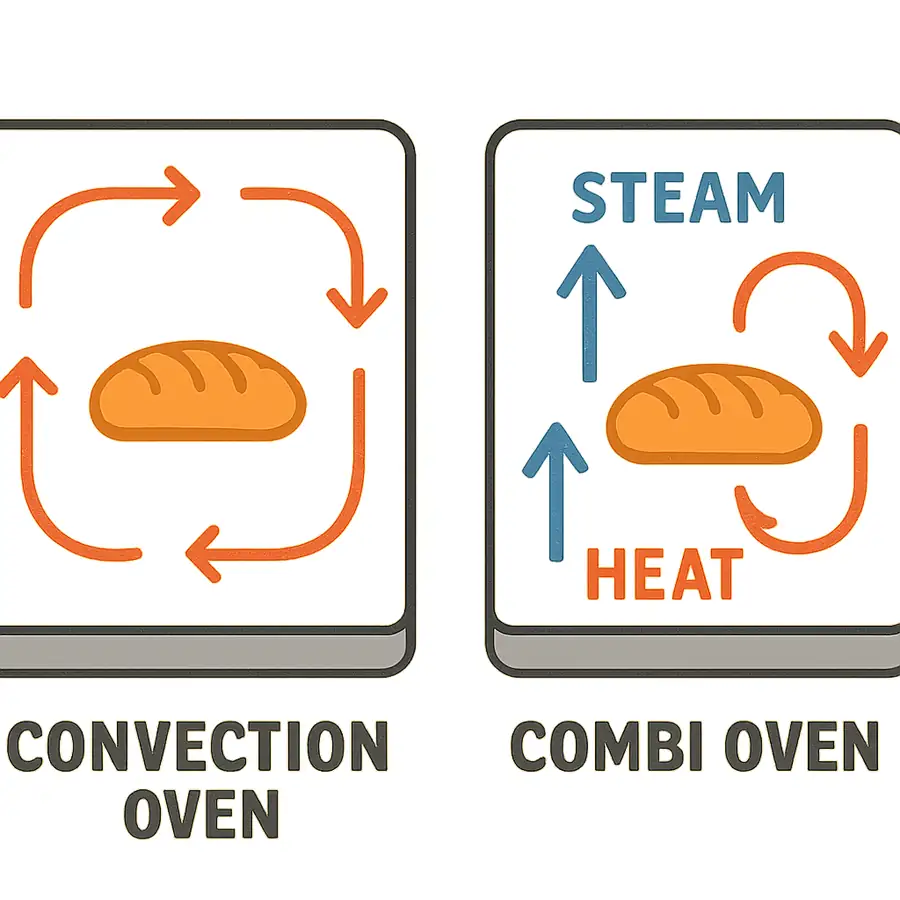 A simple graphic showing air movement in a convection oven versus steam/heat balance in a combi oven.