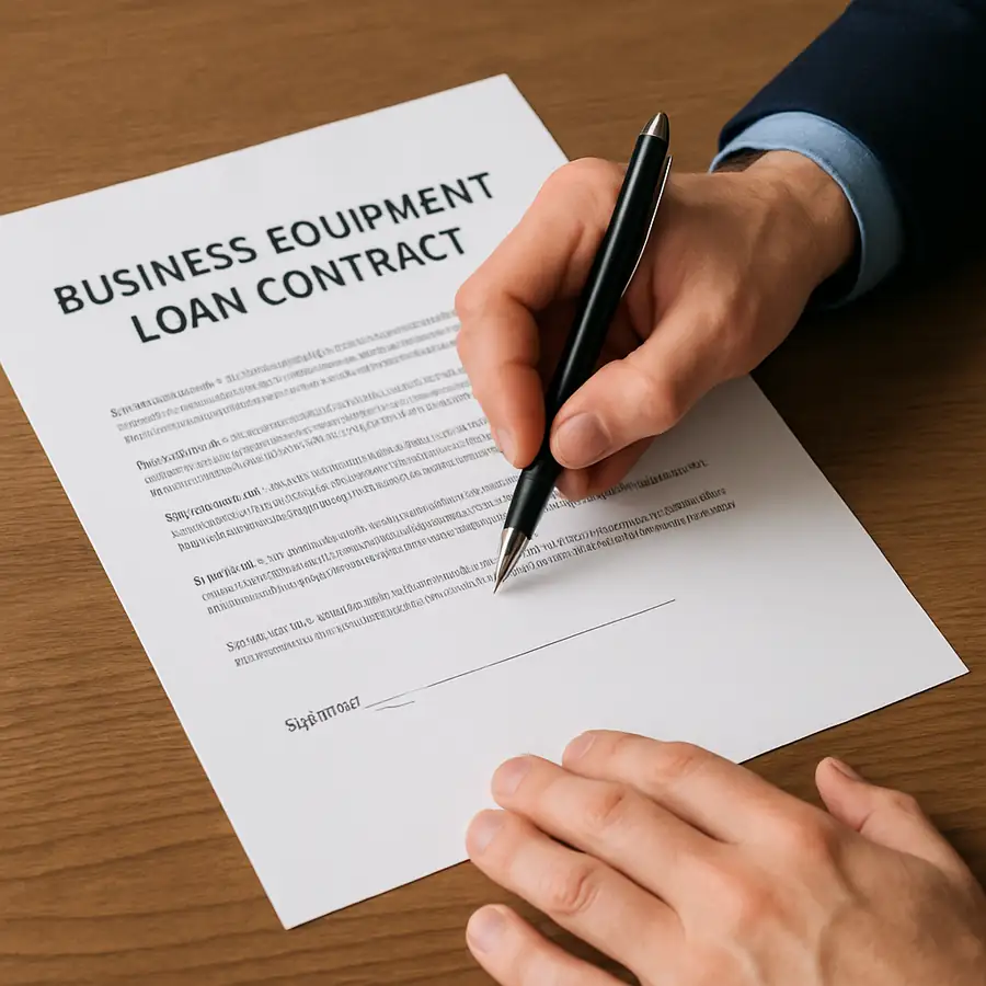 A person signing a business equipment loan contract with a pen