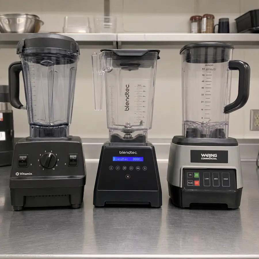 three commercial blenders compared side by side on a stainless steel counter