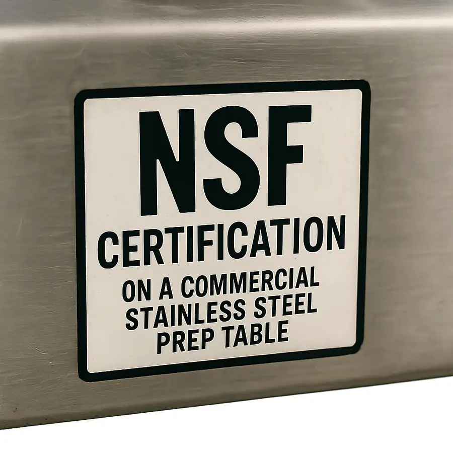 A close up of an NSF certification sticker on a commercial stainless steel prep table in English