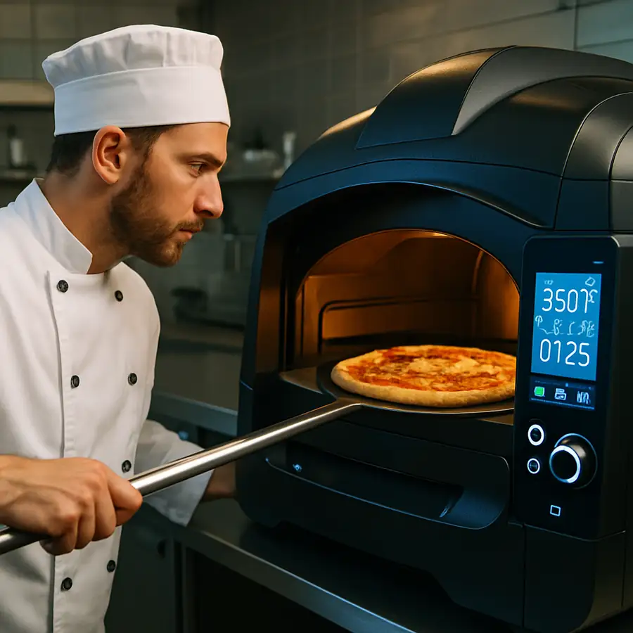 A chef using a high-tech pizza oven