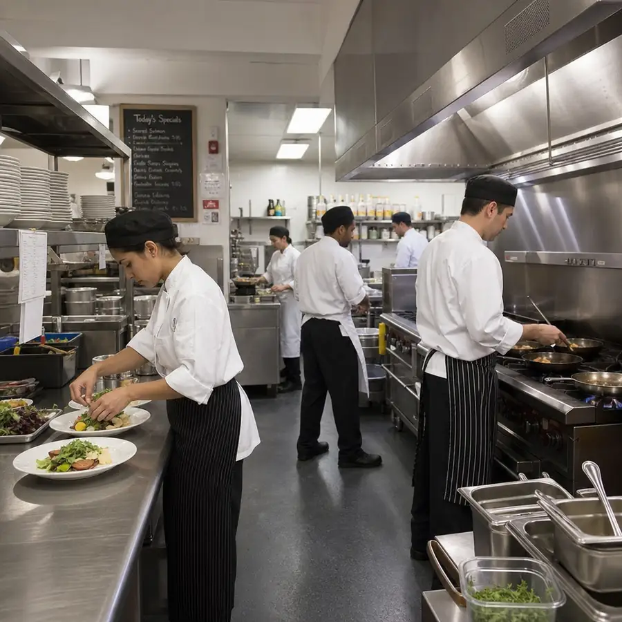 A bustling, modern commercial kitchen with chefs working efficiently around gleaming stainless steel equipment