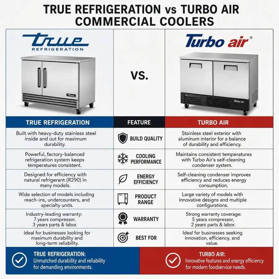 Side by side comparison of True Refrigeration and Turbo Air commercial coolers in English