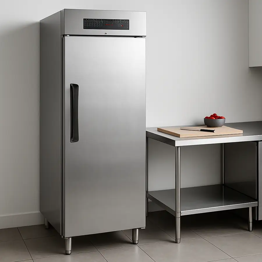 A high-quality photo of a sleek stainless steel reach-in freezer positioned next to a prep station in a modern kitchen. The freezer door is slightly ajar, revealing organized shelves, while a chef in the background works at a clean cutting board.