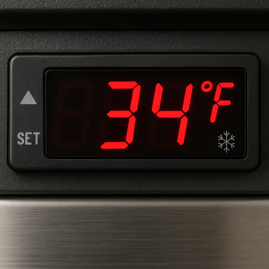 Close up of a digital thermostat display on a commercial refrigeration unit showing 34 degrees Fahrenheit