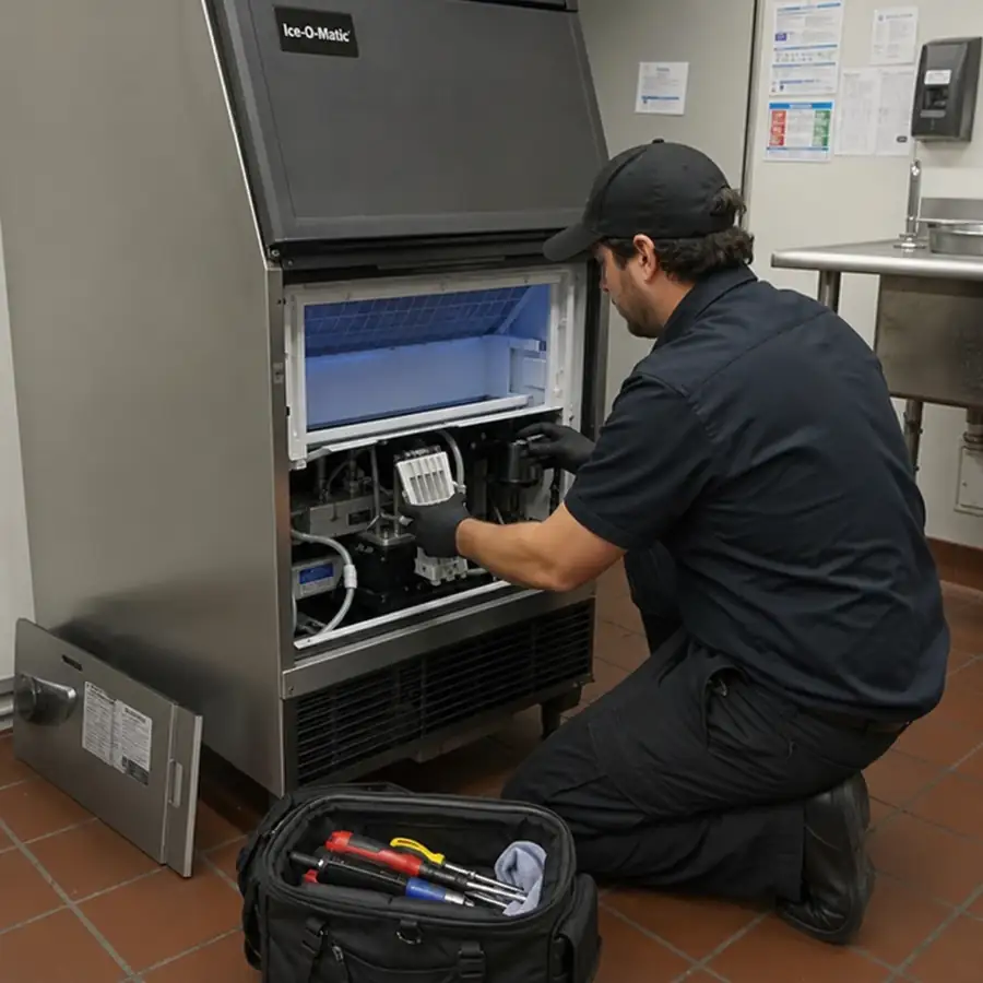 A technician performing routine preventative maintenance on a commercial ice machine