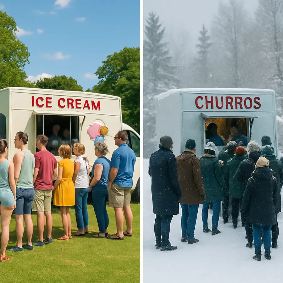 A split image showing a long line for an ice cream trailer in the summer on the left, and a long line for a churro trailer in the snow on the right