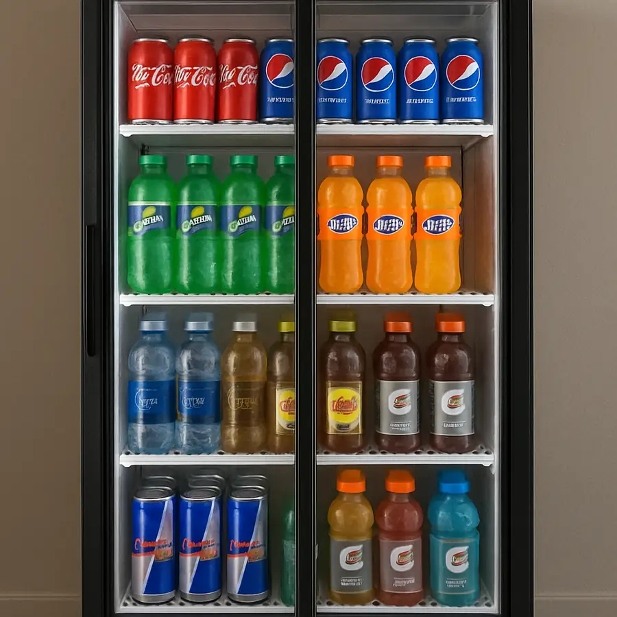 Glass door merchandiser refrigerator displaying beverages