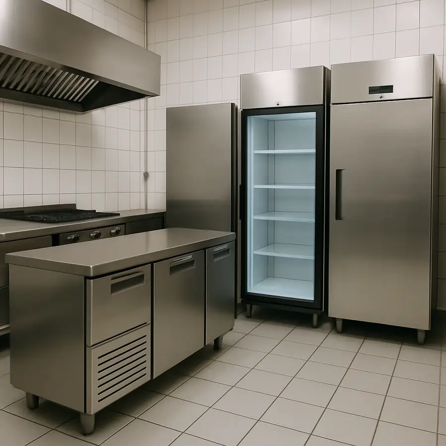 Commercial kitchen with various fridges