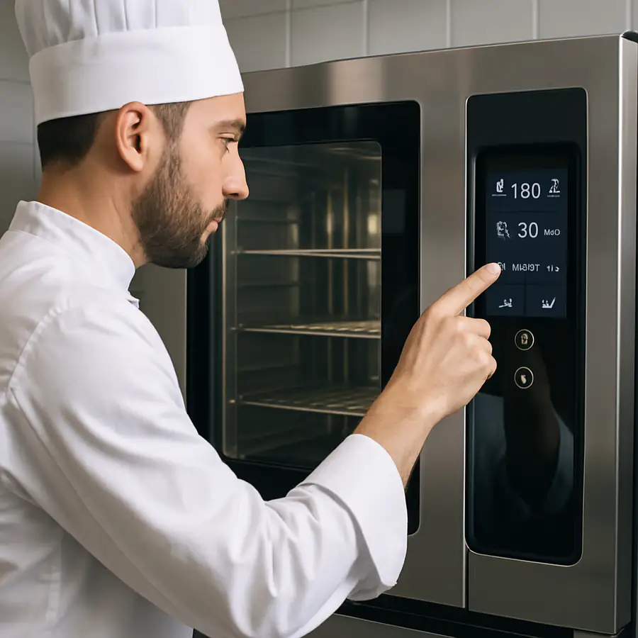 A chef using a digital control panel on a sleek, modern combi-oven