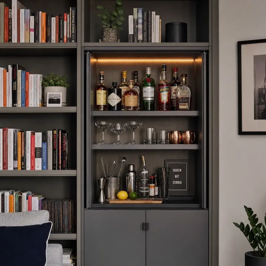 A neat, space-saving home cocktail station built into a modern apartment bookshelf