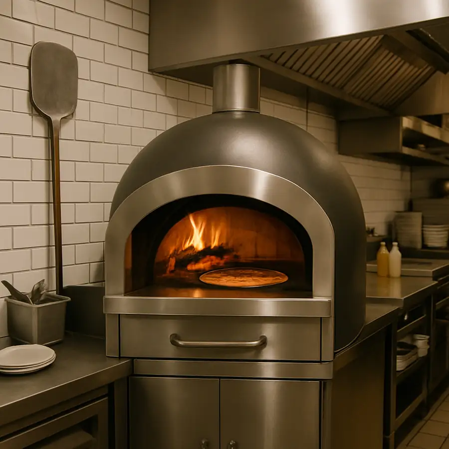 A modern pizza oven in a restaurant kitchen