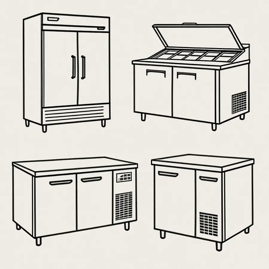 Different types of commercial refrigeration units including reach-ins, prep tables, and undercounter models