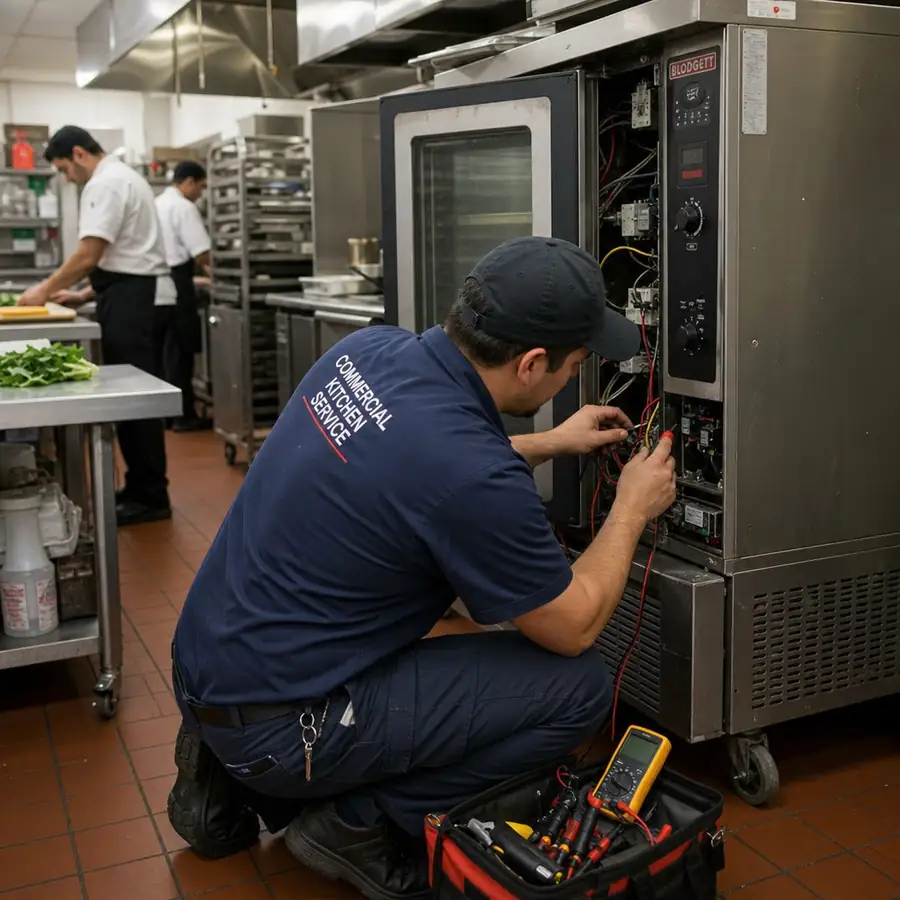 Technician repairing a commercial oven in a busy kitchen