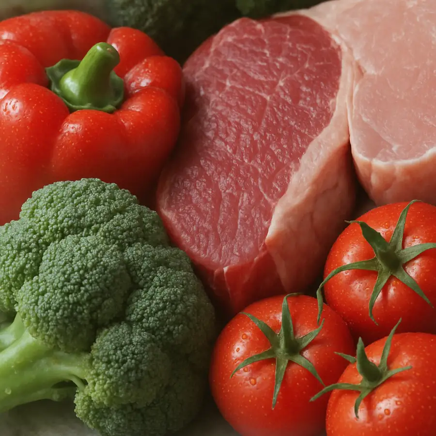 Close up of fresh vegetables and meats retaining vibrant colors after rapid cooling