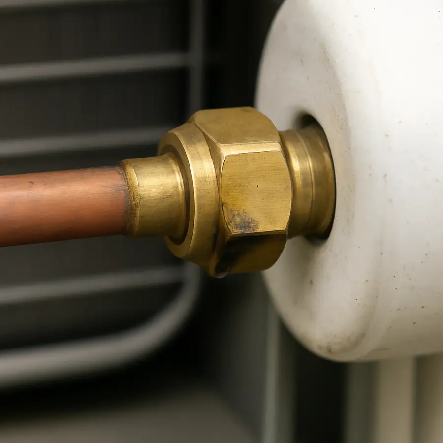 A close-up of a refrigeration joint with a small oily smudge indicating a potential refrigerant leak.