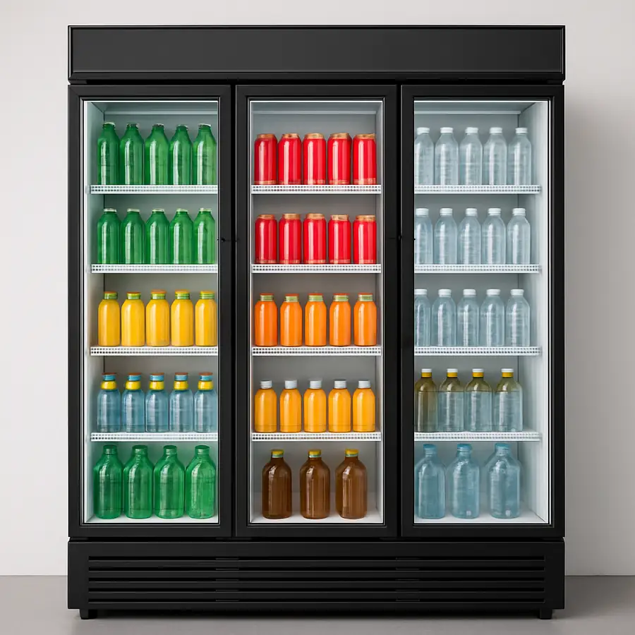 A modern display refrigerator with glass doors showcasing beverages