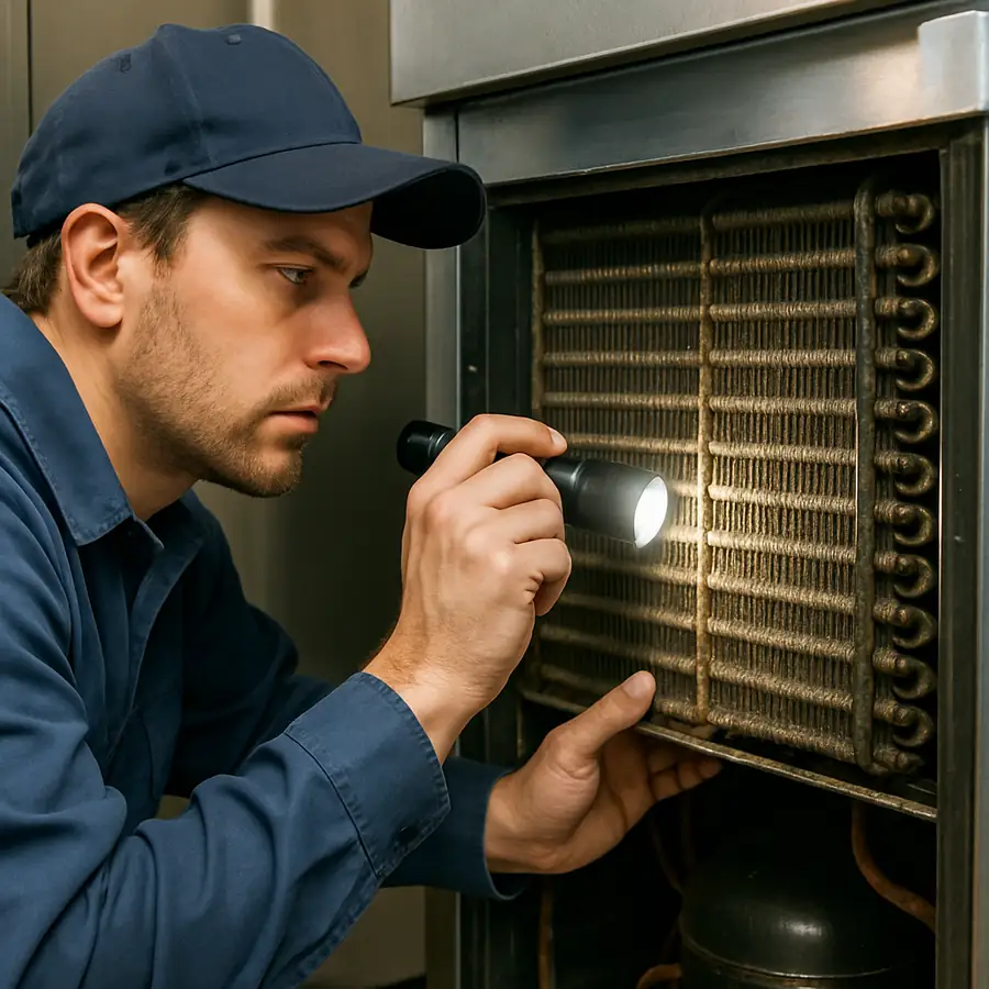 Technician using a flashlight to inspect the condenser coils of a commercial refrigerator