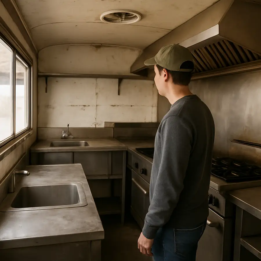 A prospective buyer inspecting the interior of a used food trailer