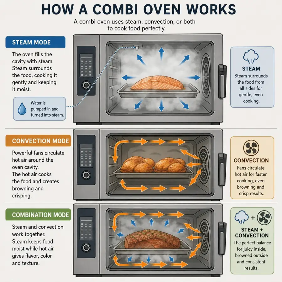 An illustration showing how steam and convection methods work in a combi oven