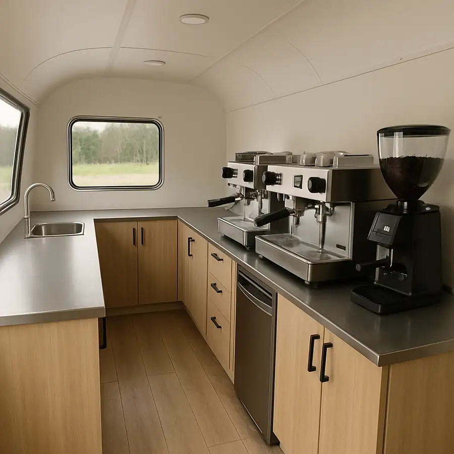 Spacious interior of a modern coffee trailer showing espresso machines in ENGLISH