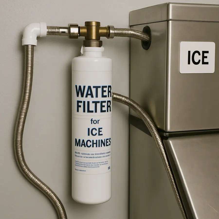 A simple close-up of a commercial water filter system connected to an ice machine line.