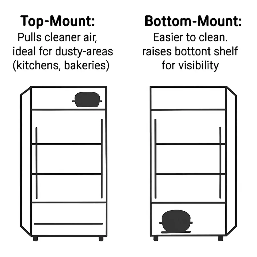 A simple two-part graphic. Left side shows a refrigerator outline with the compressor unit highlighted at the top, labeled 'Top-Mount: Pulls cleaner air, ideal for dusty areas (kitchens, bakeries).' Right side shows the compressor highlighted at the bottom, labeled 'Bottom-Mount: Easier to clean, raises bottom shelf for visibility.'