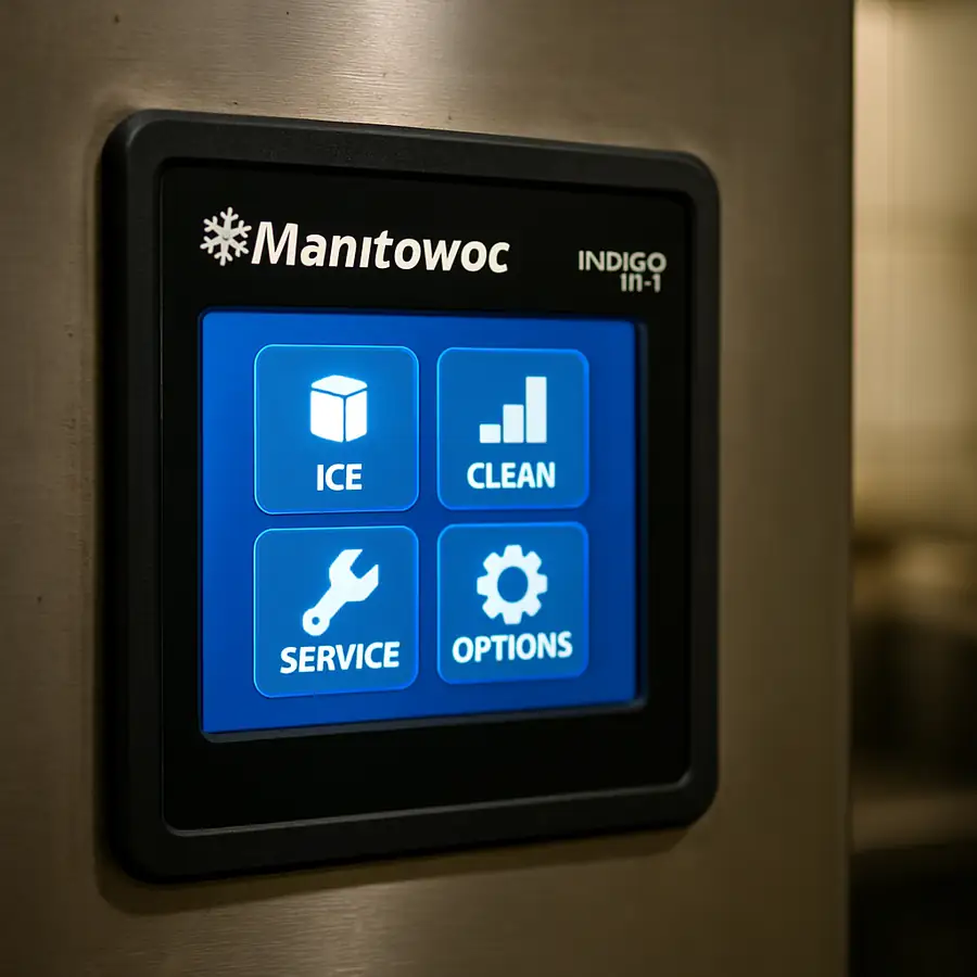 Close up of a Manitowoc Indigo NXT touchscreen display panel glowing in a kitchen environment