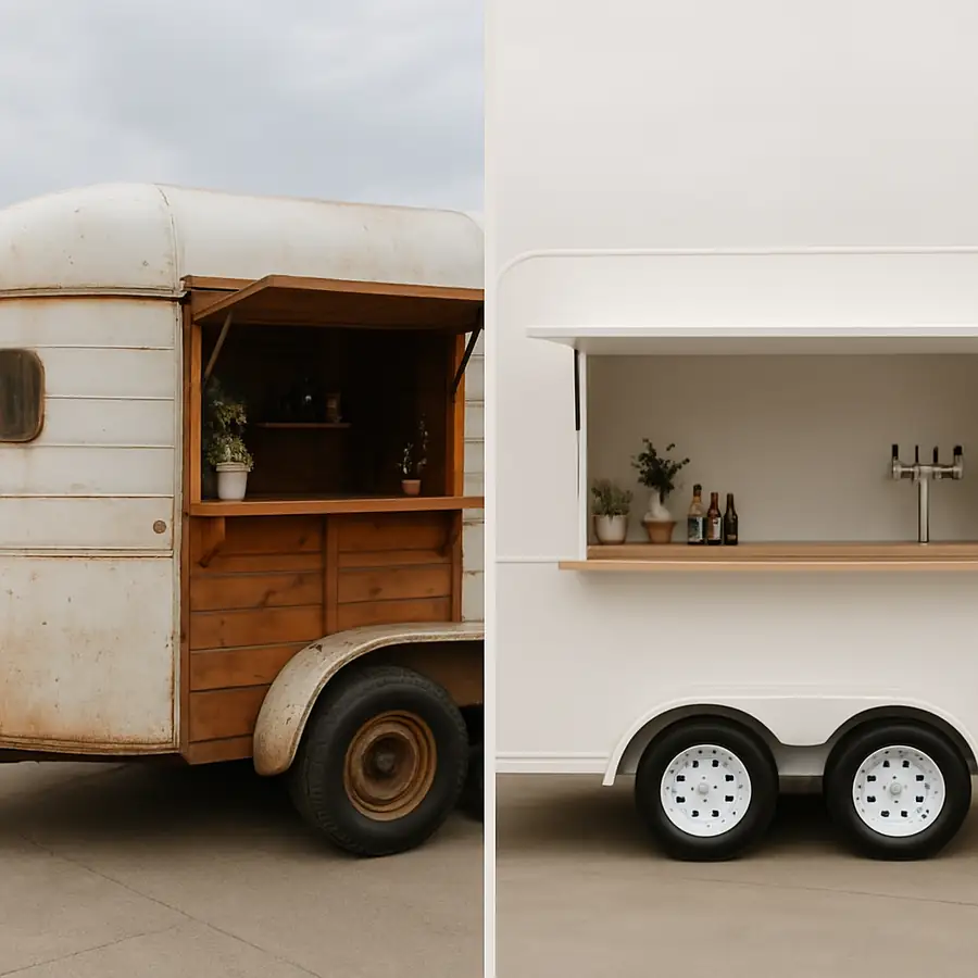 A side-by-side photo showing a rustic converted horse trailer next to a modern, minimalist beverage trailer.