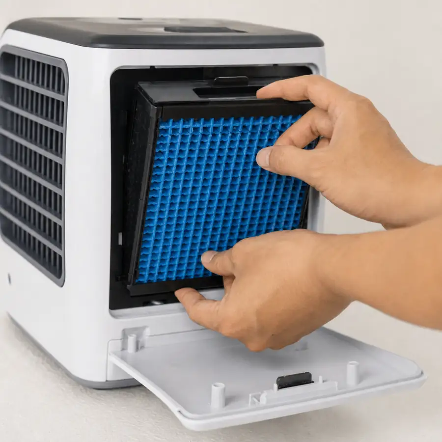 Close up of hands replacing a water filter cartridge in a compact personal air cooler