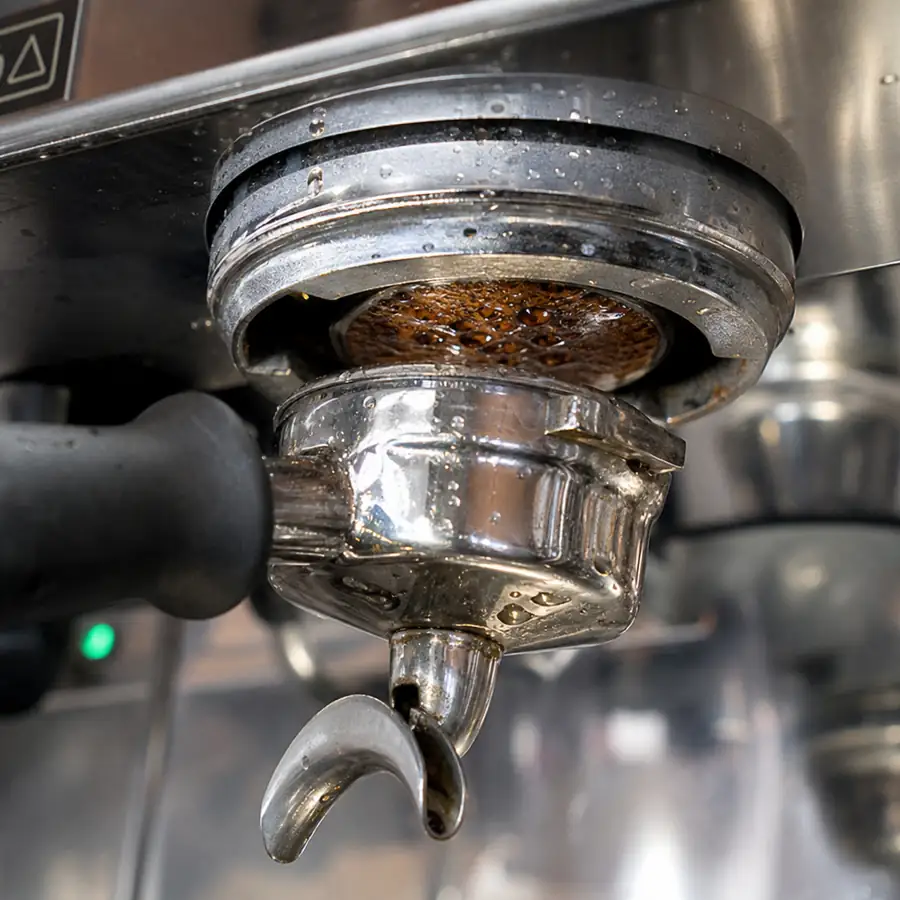 Detailed close-up of a stainless steel espresso machine portafilter and saturated group head