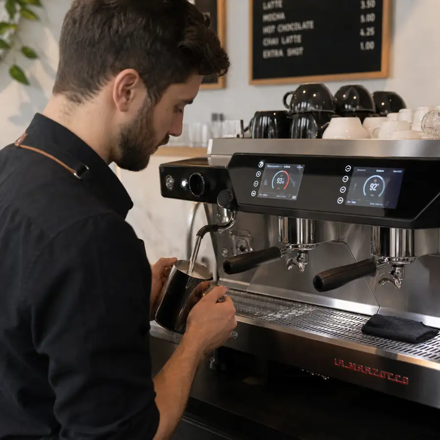 A barista expertly steaming milk on a high-end commercial espresso machine with digital displays