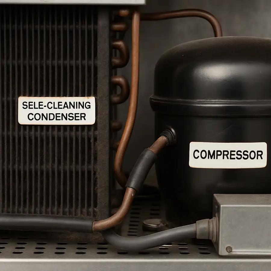 Detailed close-up of a commercial refrigerator's self-cleaning condenser and compressor unit