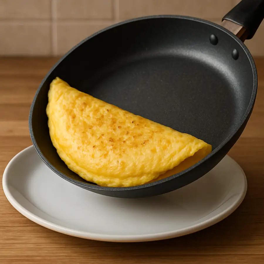 A perfectly cooked omelet sliding effortlessly out of a high-quality non-stick pan