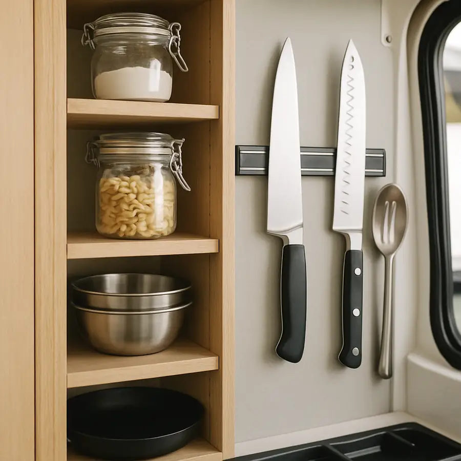 A close-up photo of vertical shelving and magnetic strip storage inside a mobile kitchen to show space-saving techniques.