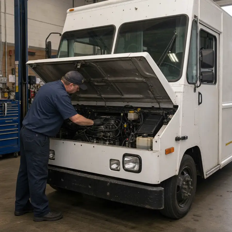 A professional mechanic inspecting the engine of a commercial step van