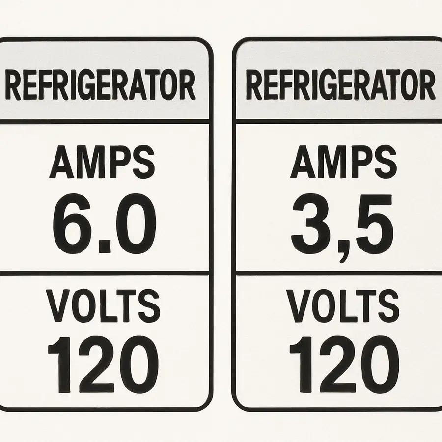 A side-by-side comparison of a refrigerator's power label showing Amps and Volts clearly identified.