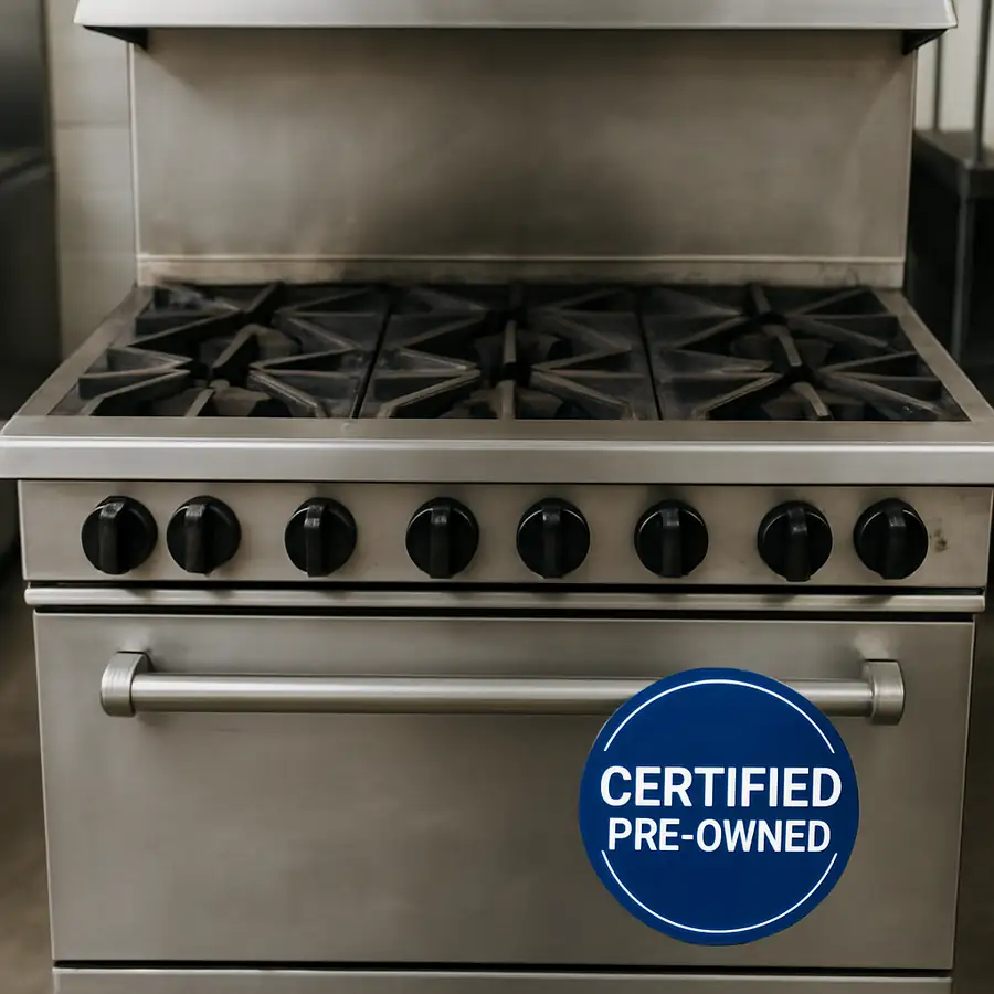 A professional photograph of a refurbished industrial cooking range showing a 'Certified Pre-Owned' or warranty sticker.