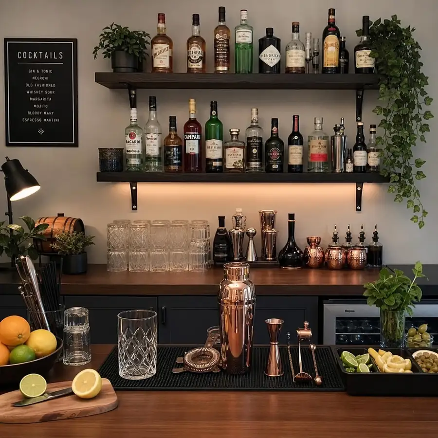 A stylish and well-organized modern home bar setup featuring premium tools and fresh ingredients