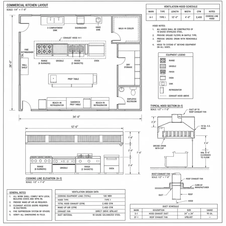 A detailed architectural blueprint showing a commercial kitchen layout and ventilation hoods