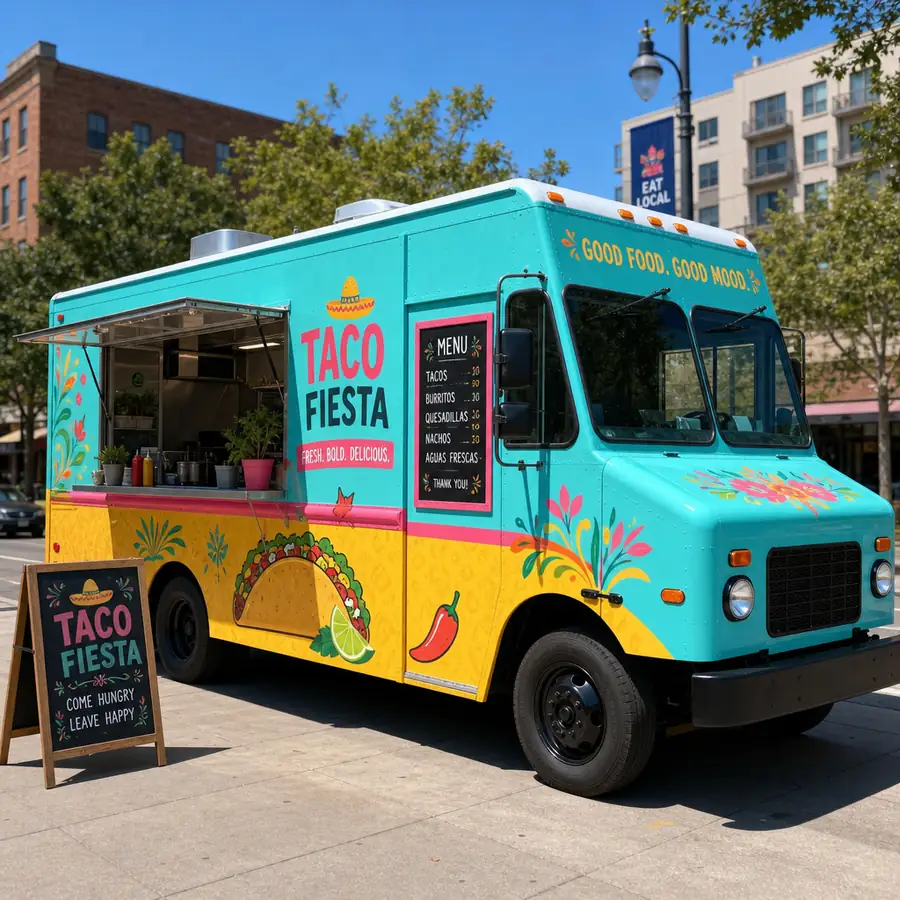 A bright, newly custom-built food truck parked in a sunny urban location